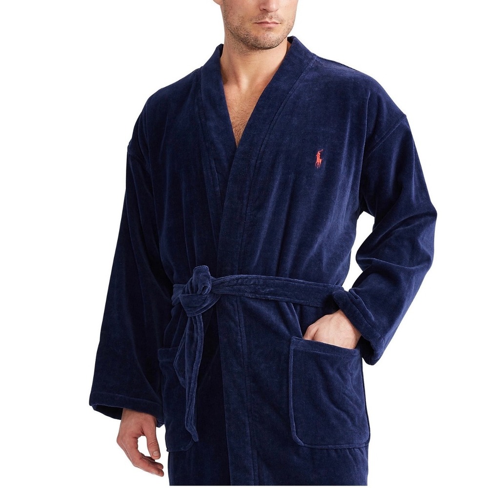 Polo Ralph Lauren Men's Blue Terry Cloth Robe Bathrobe Cotton Belted L/ XL